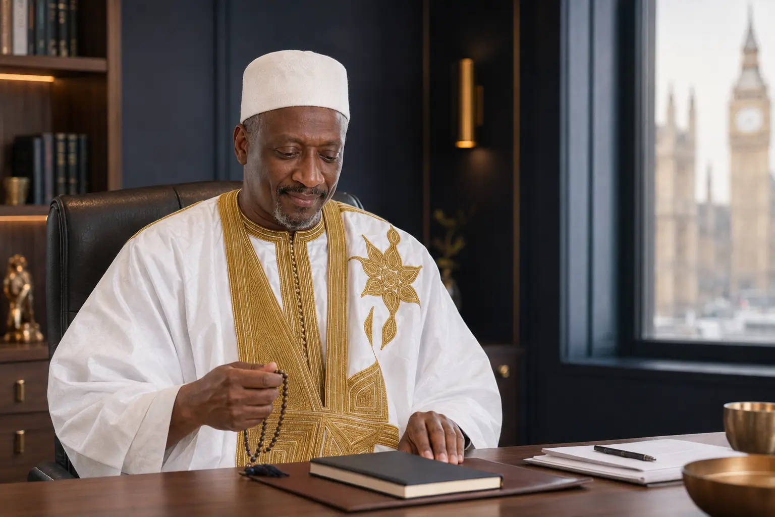 Badara in his London office holding prayer beads during a spiritual consultation