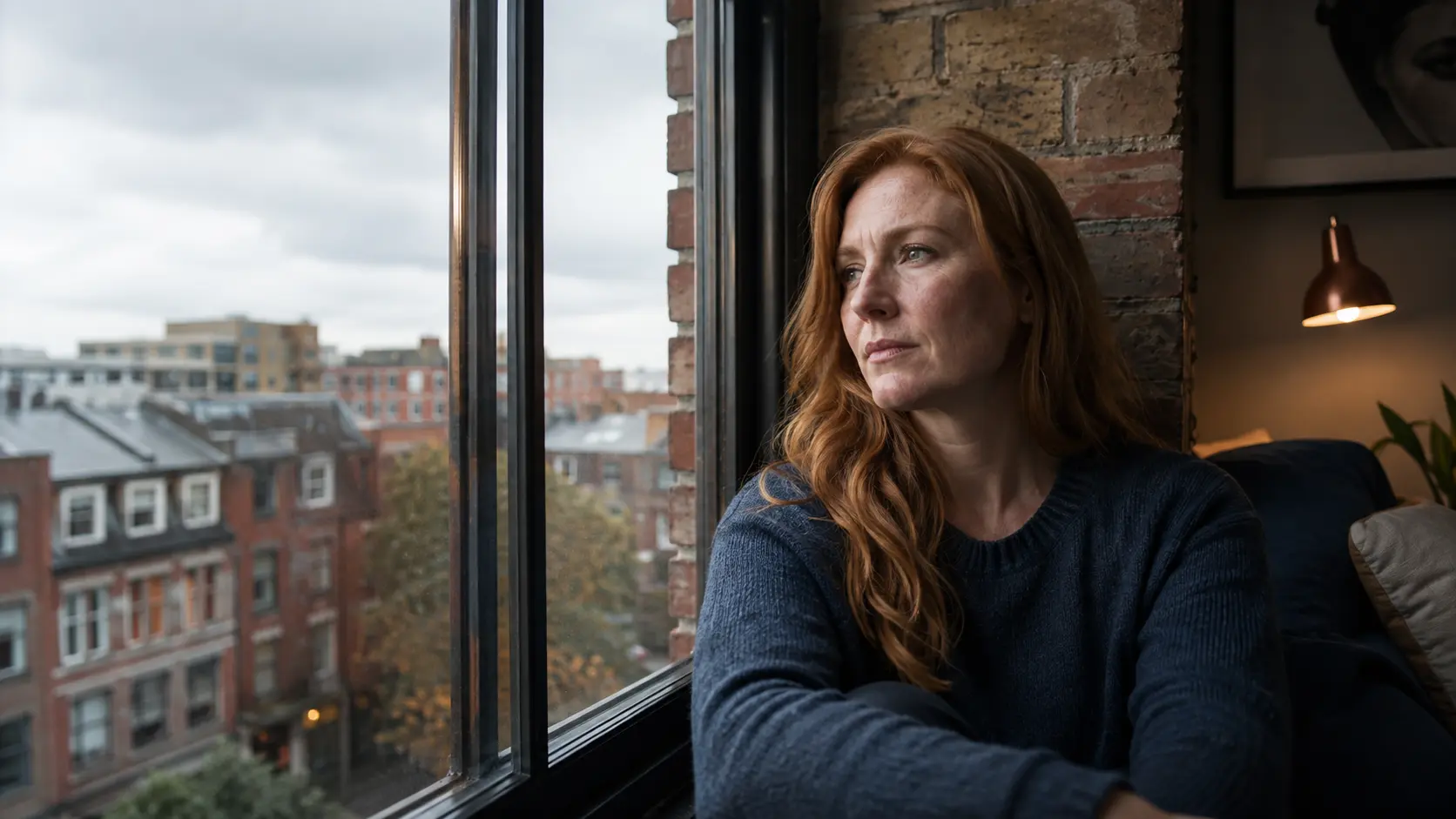 Red-haired woman from Manchester experiencing loneliness and emotional uncertainty