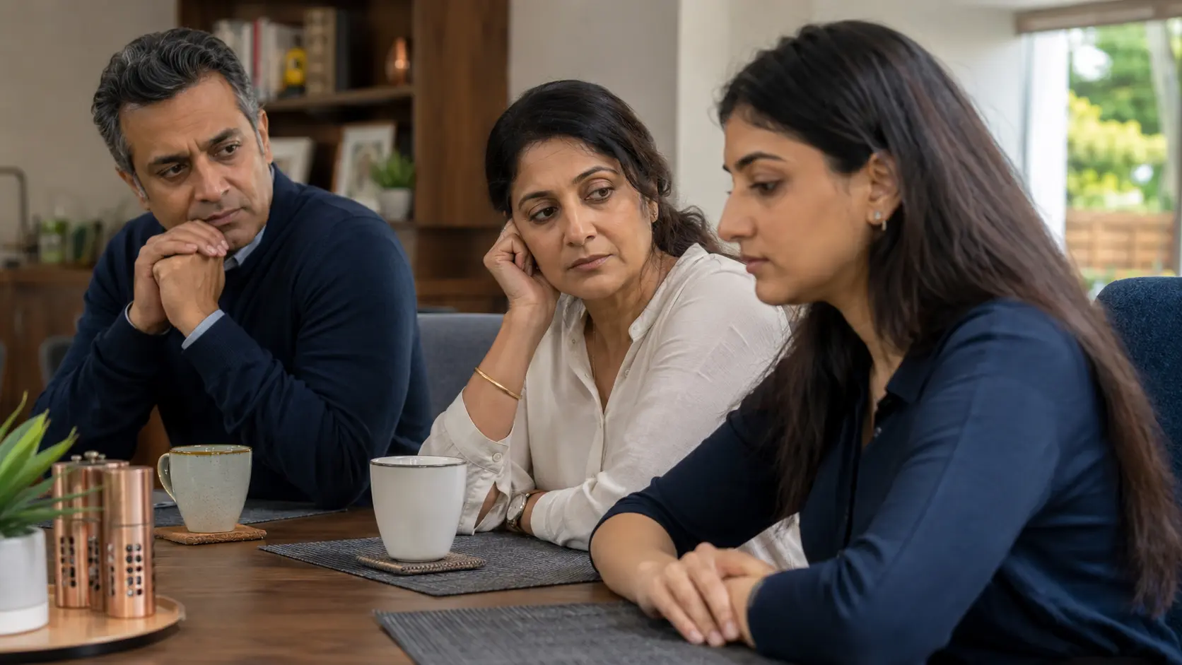 Indian British family experiencing communication problems around the table