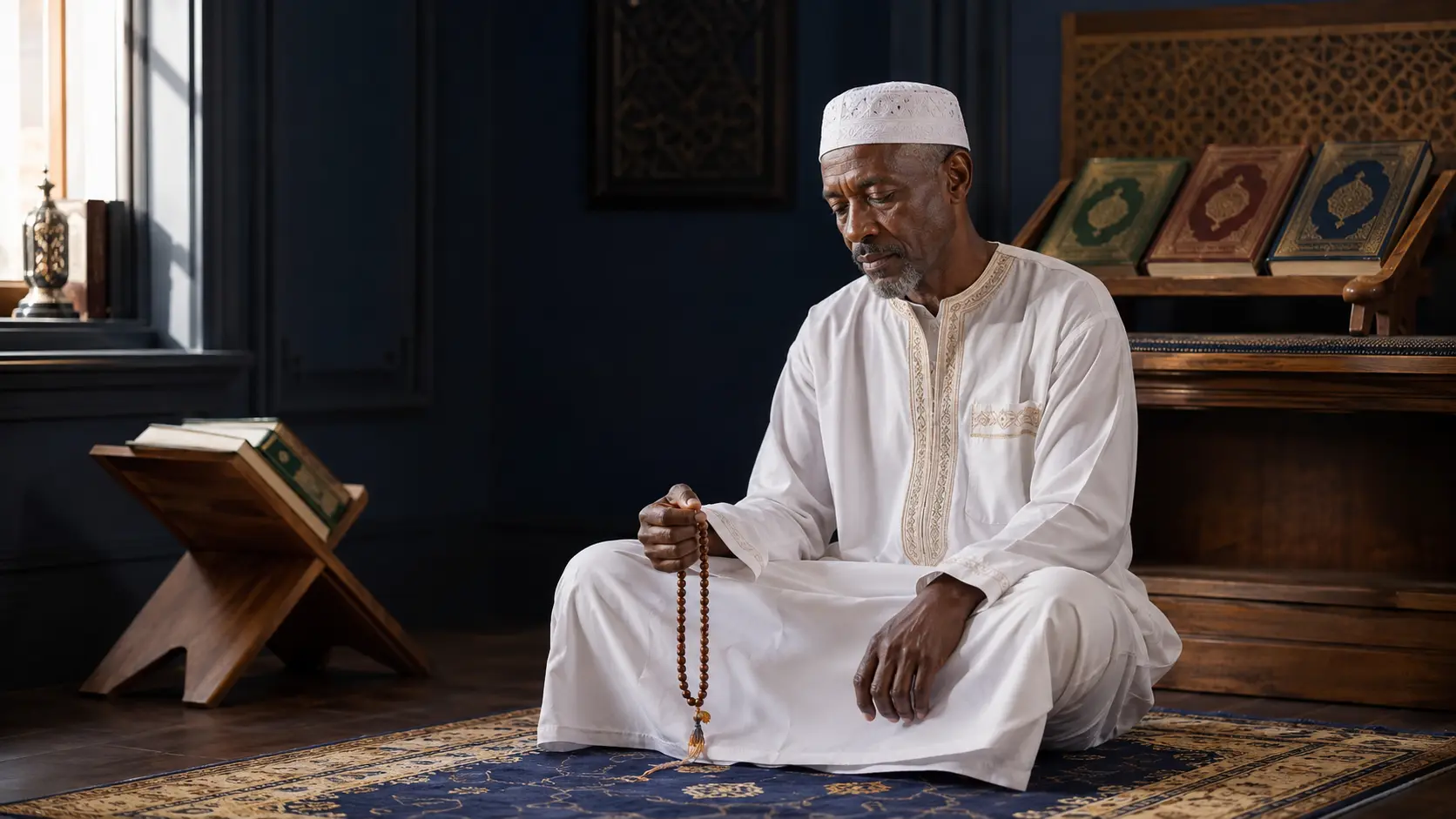 Badara praying respectfully with a Quran and wooden tasbih in his private prayer space